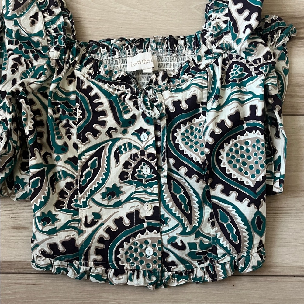 Love the Label 100% Cotton Green Paisley Sweetheart Neck Long Sleeve Crop Top - Picture 3 of 6